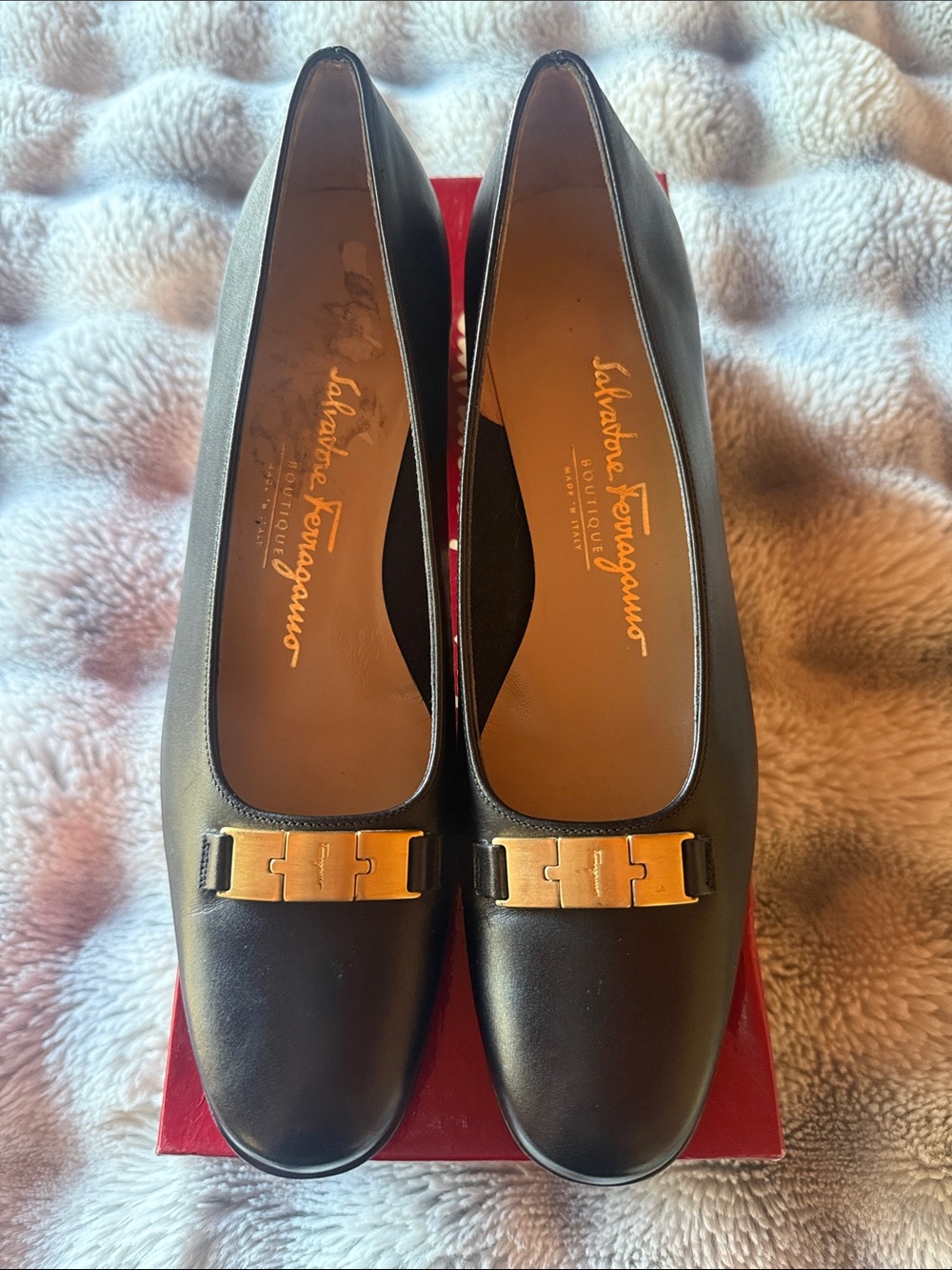 Salvatore Ferragamo Black Leather Pumps with Gold Buckle